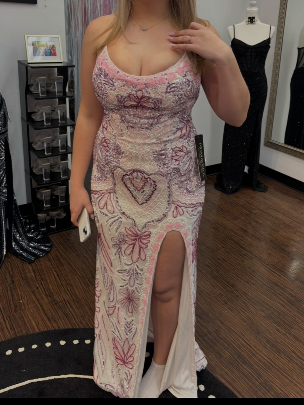 Primavera Couture Pink & Ivory Beaded Prom Gown with Side Slit
